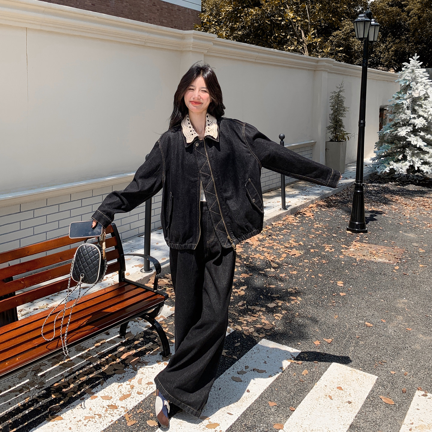 休闲气质勾花领黑色夹克套装女春季2026新款ootd穿搭阔腿裤两件套,女装/女士精品,时尚套装,淘宝优惠券,粉丝福利购,淘宝优惠卷