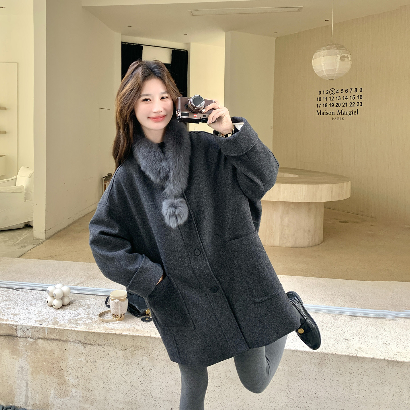 千金风灰色毛呢羽绒服女冬季2025