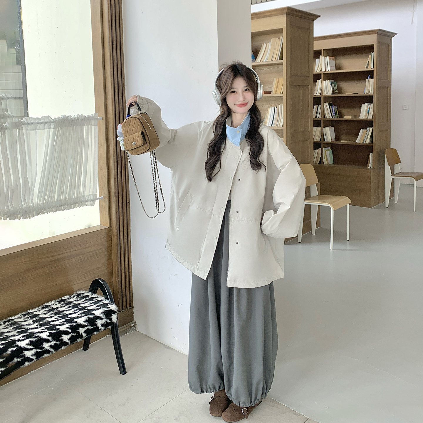 撞色拼接风衣外套阔腿裤套装女春
