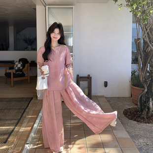 新中式国风粉色独特漂亮套装女春季2026新款超火上衣阔腿裤两件套