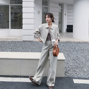 韩系chic格子拼接米杏色套装女春季2026新款减龄外套阔腿裤两件套