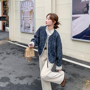 撞色包边蓝色休闲提花外套女春季2026新款小个子今年流行气质夹克