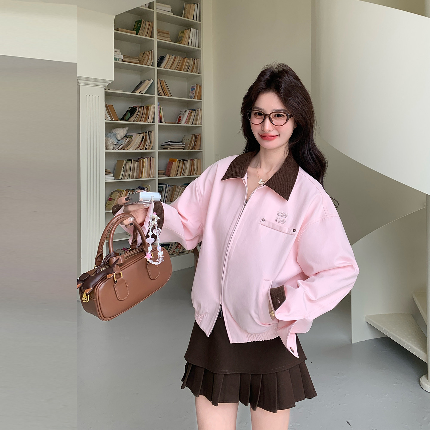 撞色翻领粉色甜美外套女春季2026