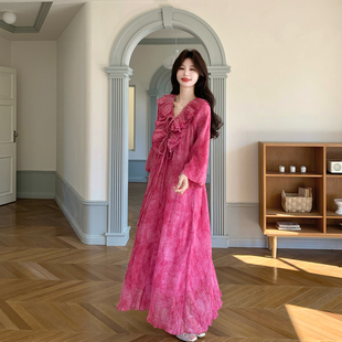 超好看漂亮绝美玫粉色连衣裙女春季 木耳花边减龄甜美长裙 2026新款