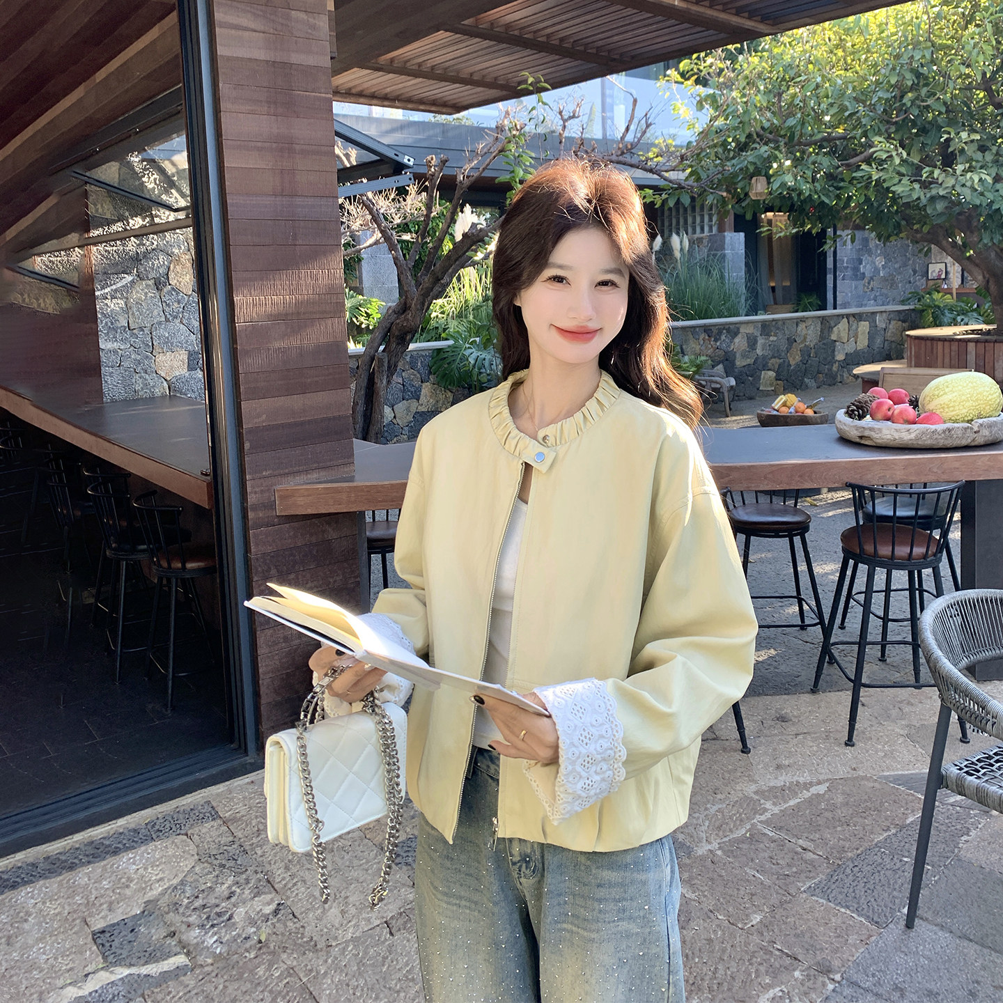 韩系蕾丝袖口黄色短外套女春季2026新款小个子工装减龄巨好看夹克