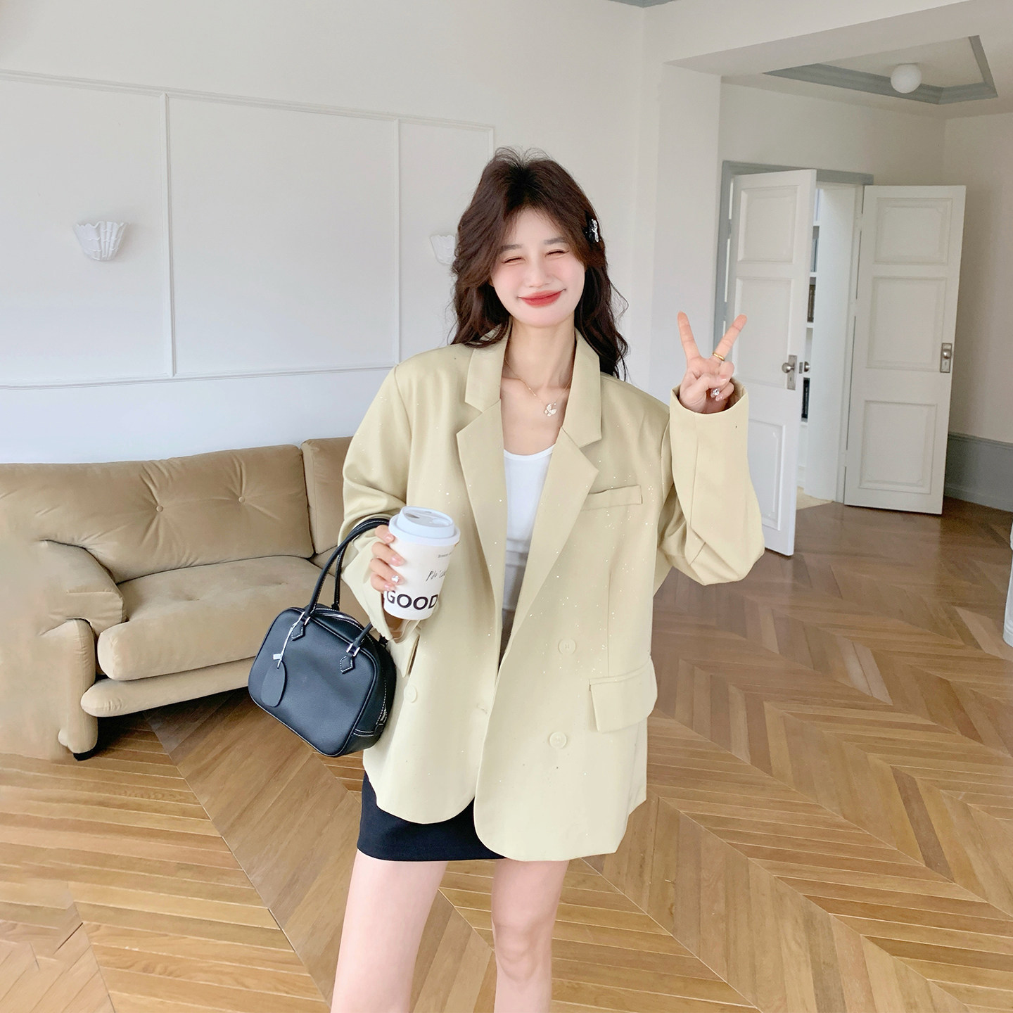 休闲风oversize卡其色西装外套女春季2026新款巨好看宽松时尚西服