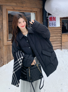 黑色翻领90绒羽绒服女冬季2025新款高级感独特漂亮休闲白鸭绒外套