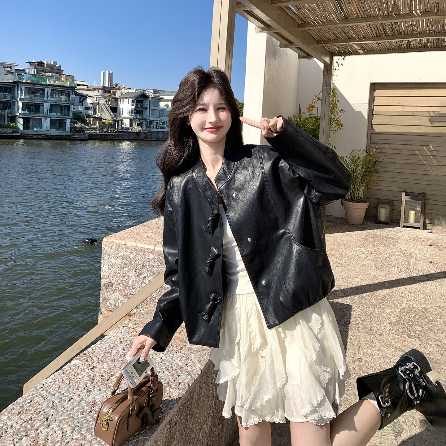 设计感蝴蝶结黑色短款皮衣外套女春季2026新款甜酷风小个子PU夹克