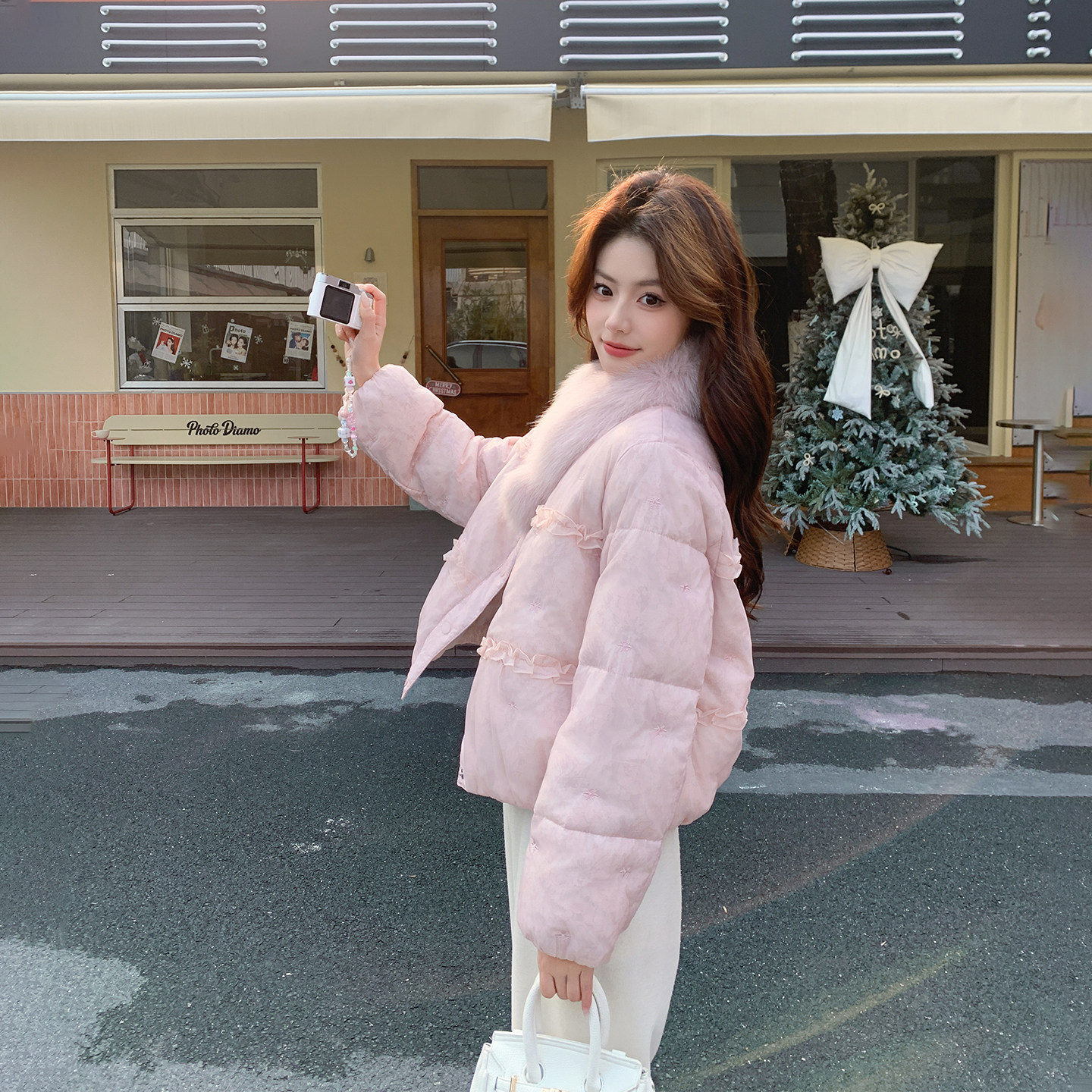 甜美粉色花边拼接90羽绒服女冬季2025新款狐狸毛领小个子短款外套