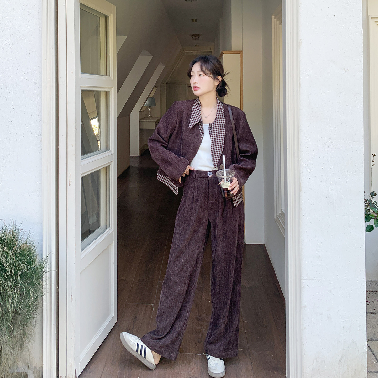 气质休闲复古格纹拼接套装女春季2026新款设计感外套阔腿裤两件套,女装/女士精品,时尚套装,淘宝优惠券,粉丝福利购,淘宝优惠卷