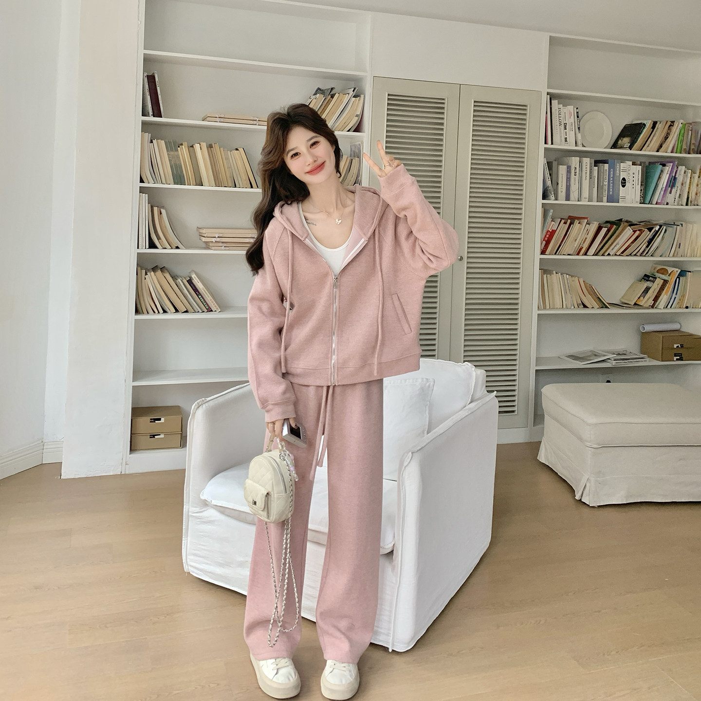 休闲运动粉色连帽卫衣套装女春季