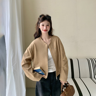 可盐可甜卡其色圆领短外套女春季2026新款复古超火减龄小个子夹克
