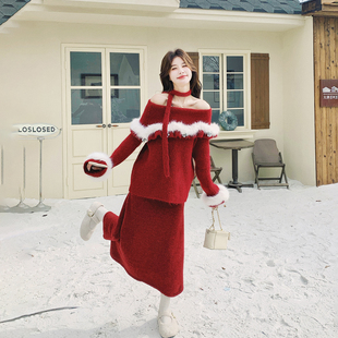 氛围感新年红色一字肩毛衣半身裙套装女冬2025新款独特漂亮两件套