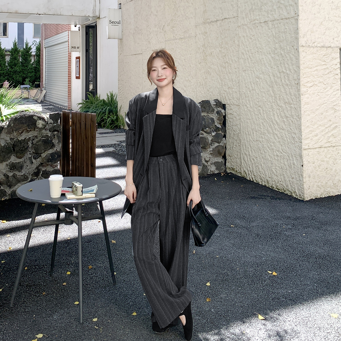 巨好看灰色条纹西装套装女春季2026新款一整套轻熟风阔腿裤两件套