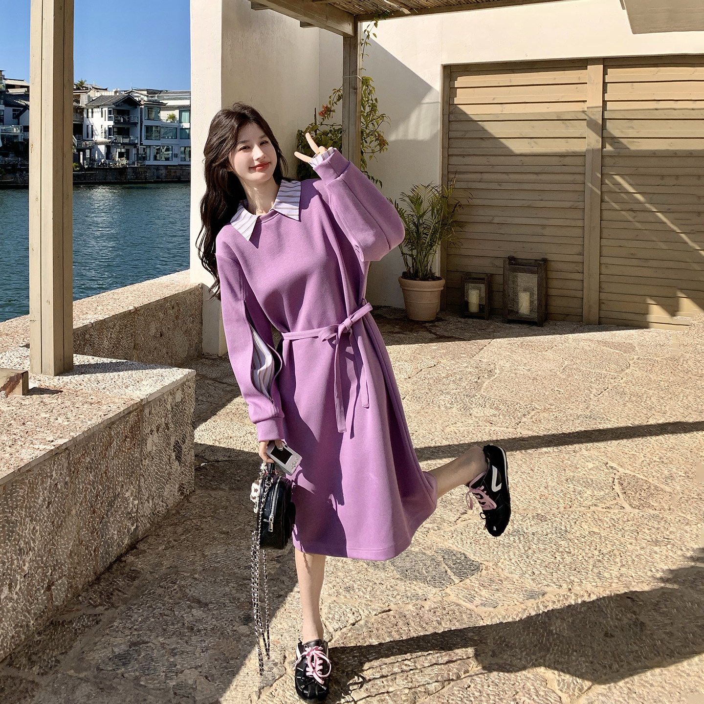 假两件条纹拼接紫色甜美连衣裙女
