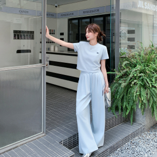 浅蓝色刺绣短袖T恤阔腿裤套装女夏季2026新款松弛感运动风两件套