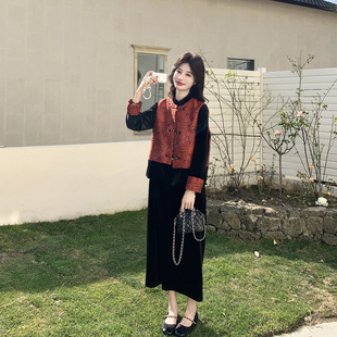 新中式国风丝绒黑色连衣裙套装女春季2026新款气质优雅马甲两件套