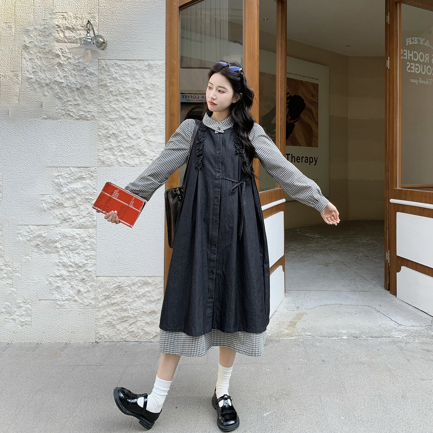 休闲复古学院风牛仔背心叠穿格子连衣裙套装女春季2026新款两件套