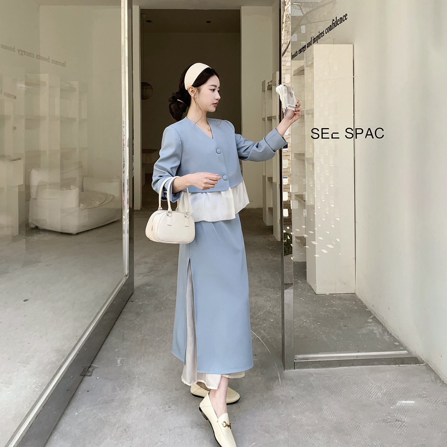 法式优雅风气质网纱拼接V领西装套装女春季2026新款半身裙两件套