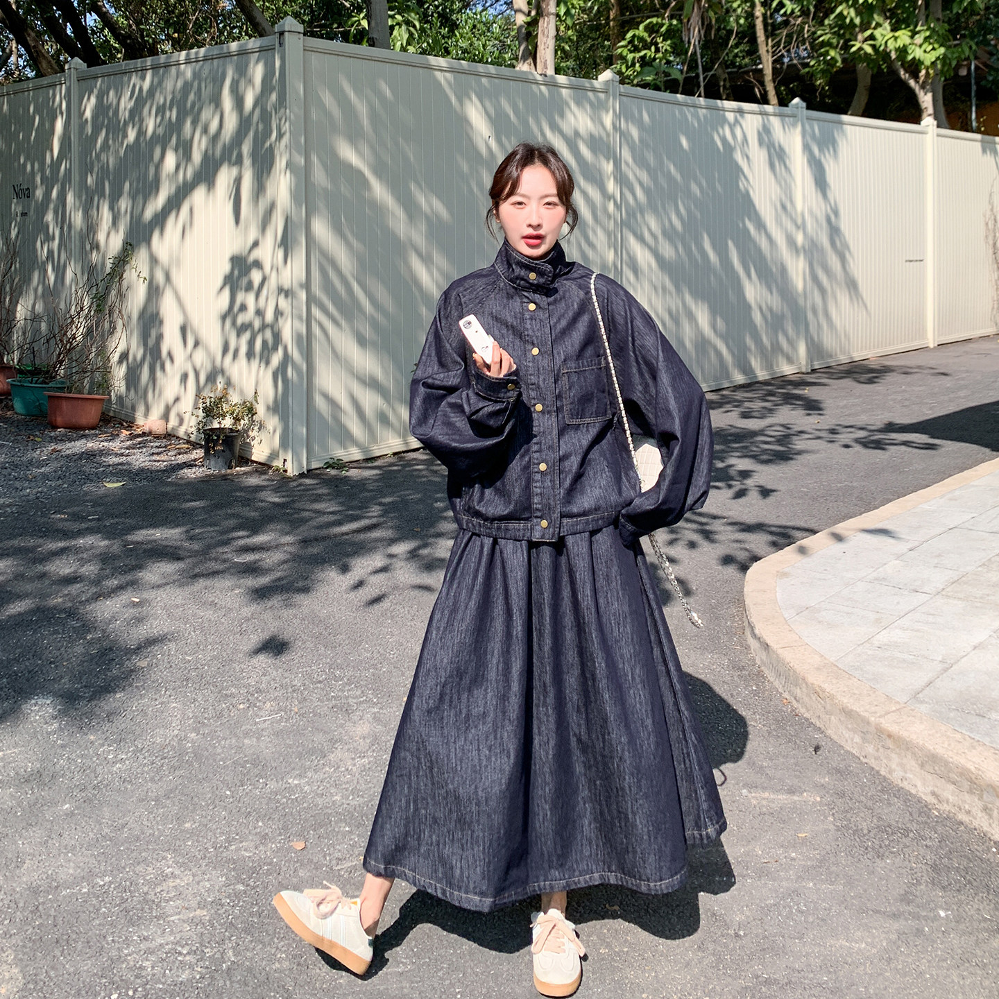 今年流行爆款深蓝色减龄套装女春季2026新款超火夹克半身裙两件套