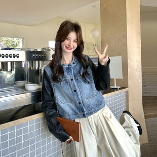 PU皮拼接蓝色短款牛仔外套女春季2026新款小个子超火减龄夹克上衣