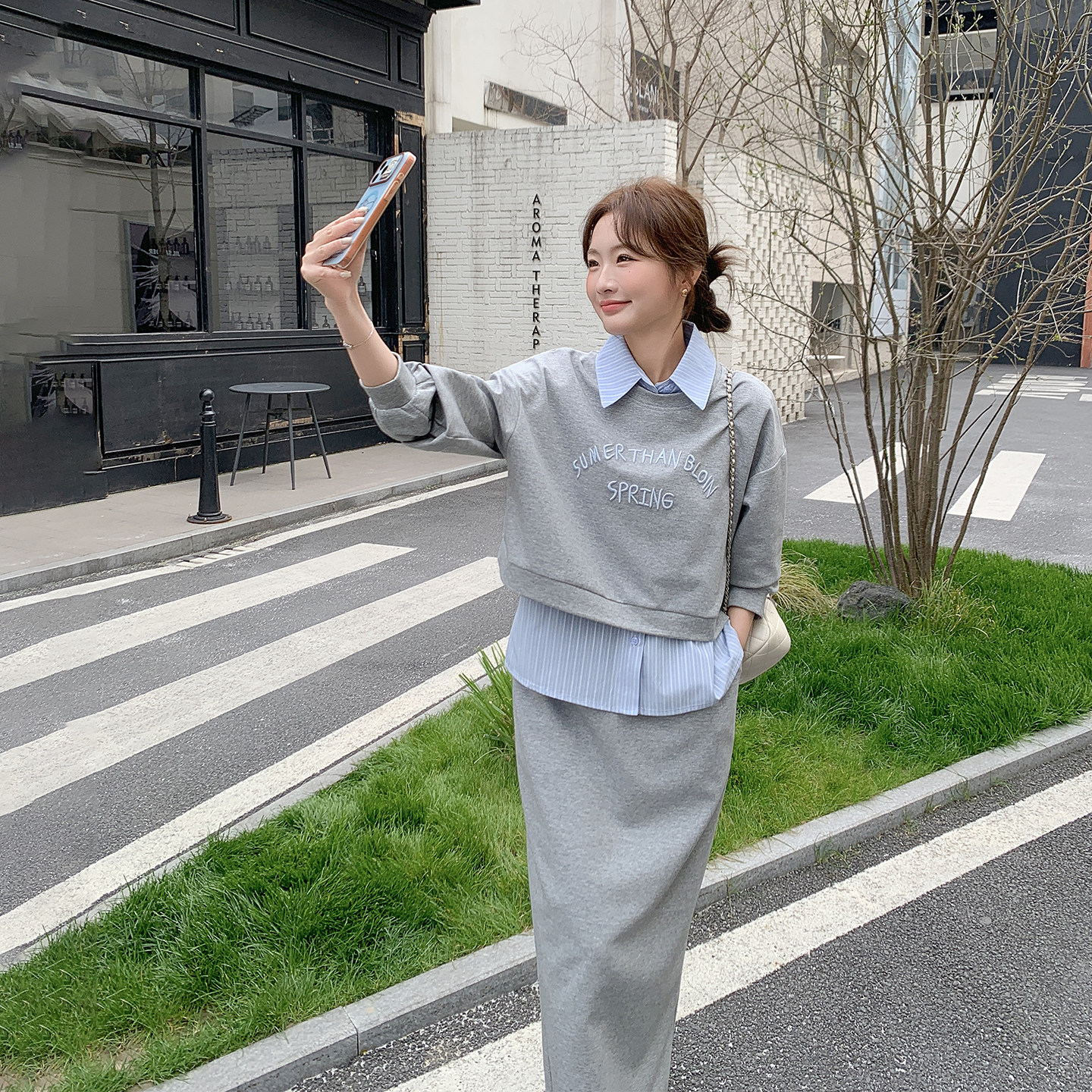 休闲运动灰色卫衣衬衫半身裙套装女春季2026新款爆款高级感三件套