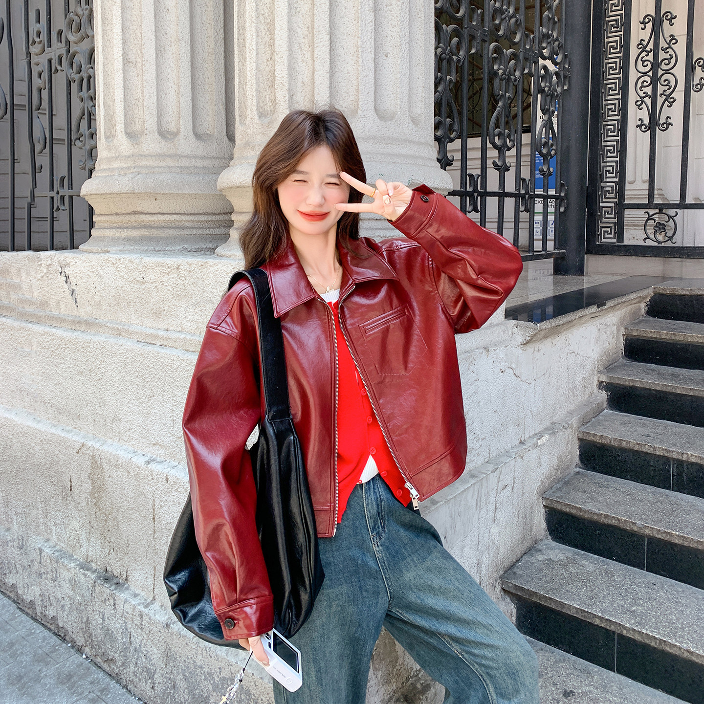 甜酷风复古红色皮衣外套女春季2026新款机车服小个子短款PU皮夹克