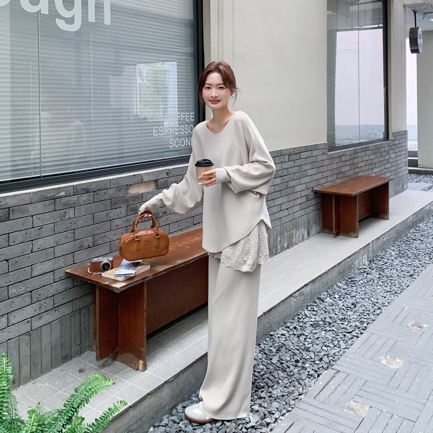 氛围感针织休闲优雅拼接上衣套装女春季2026新款爆款阔腿裤两件套