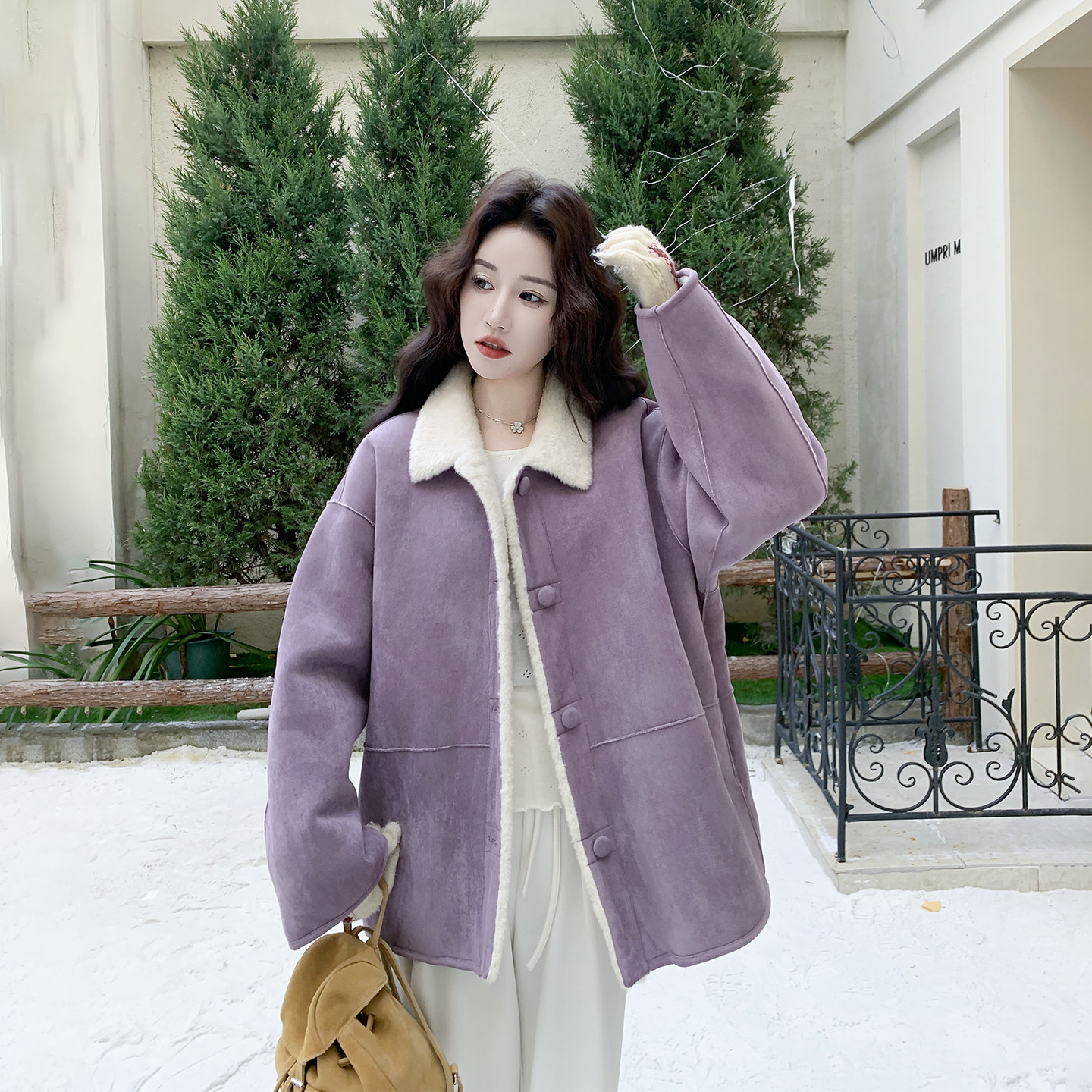 紫色皮毛一体加厚外套女冬季2025