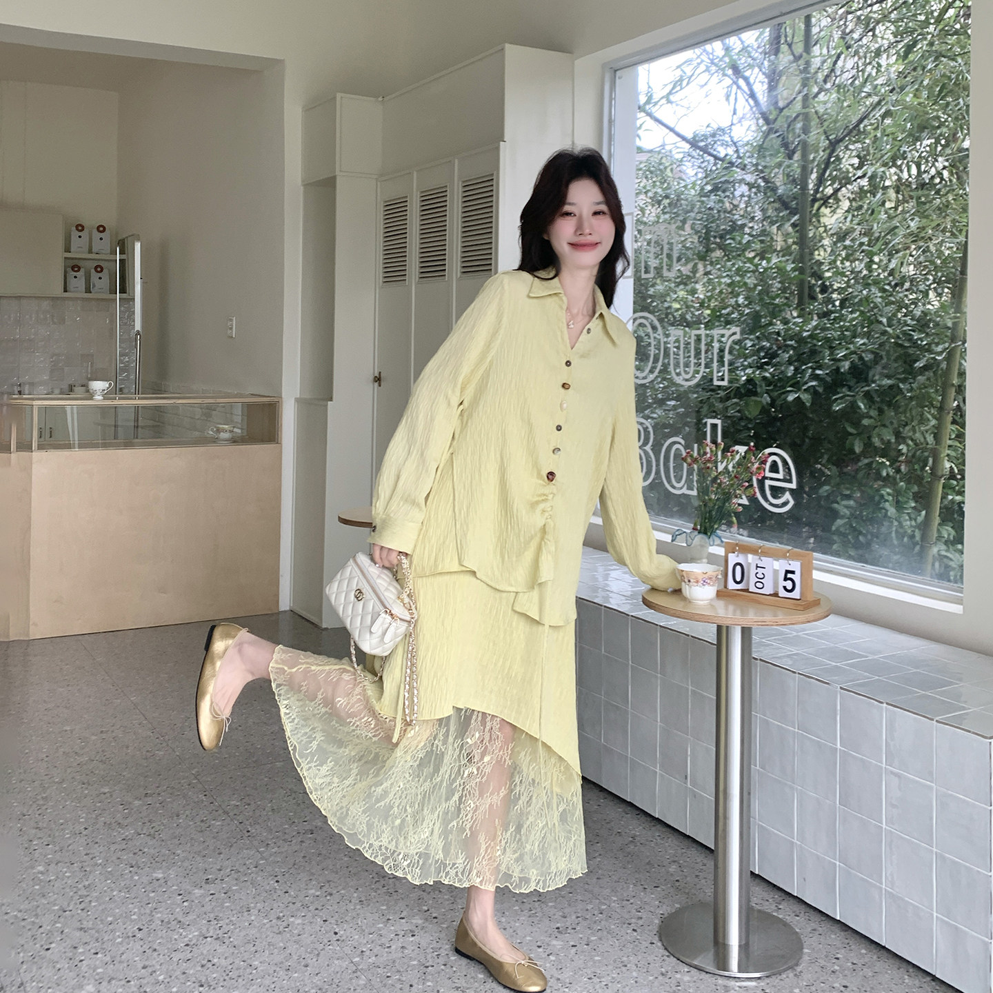减龄黄色蕾丝吊带连衣裙套装女春