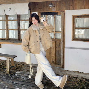 羊羔毛翻领卡其色短款90绒羽绒服女冬季2025新款小个子派克服外套