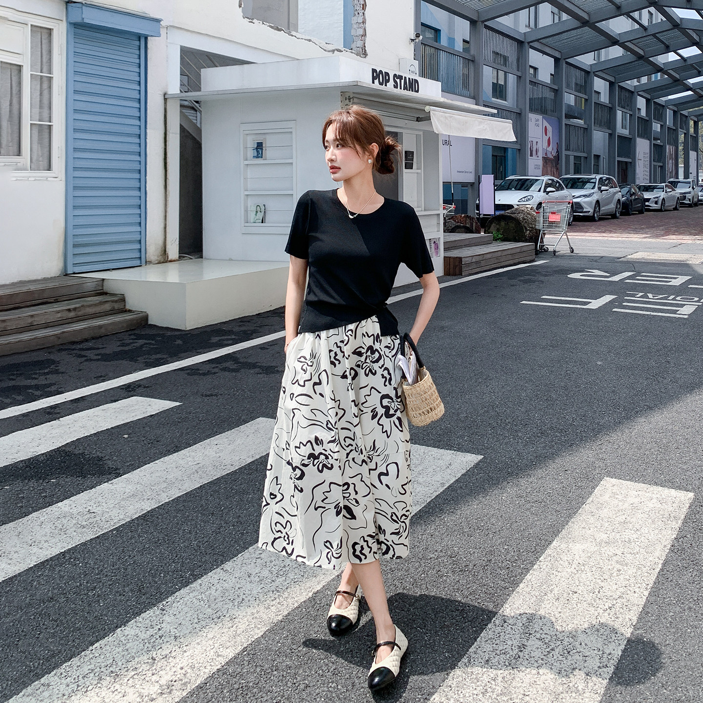 松弛感休闲气质黑色T恤套装女夏