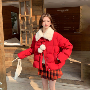 新年红色羊羔毛领短款羽绒服女冬季2025新款加厚小个子白鸭绒外套