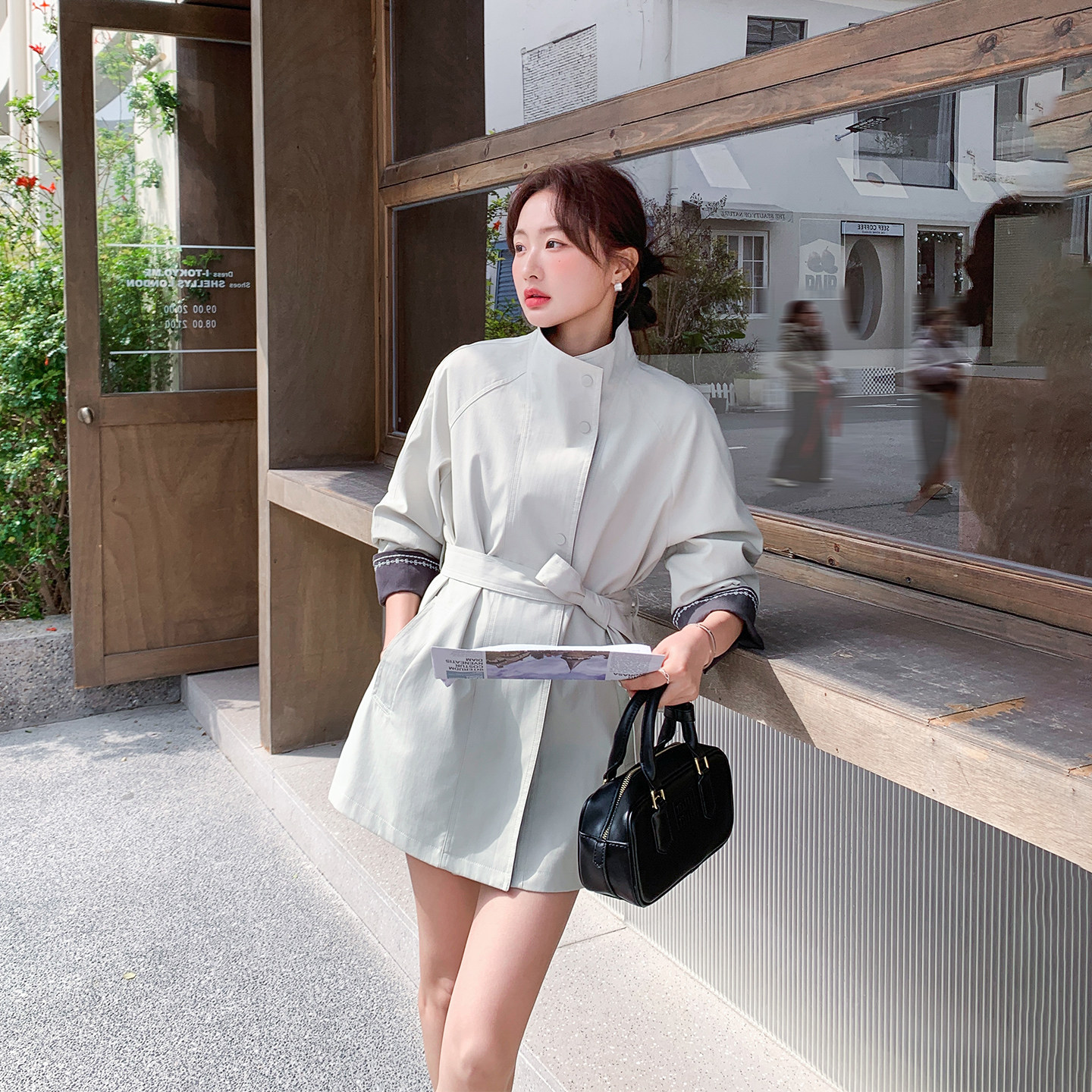 韩系收腰显瘦撞色拼接立领风衣外套女春季2026新款中长款百搭大衣