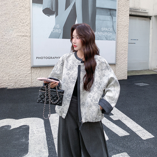 假两件牛仔拼接提花圆领外套女春季 小个子夹克上衣巨好看 2026新款