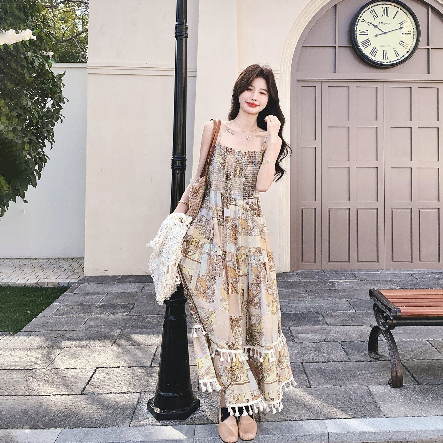 度假风印花流苏吊带连衣裙套装女夏季2026新款温柔风针织衫两件套