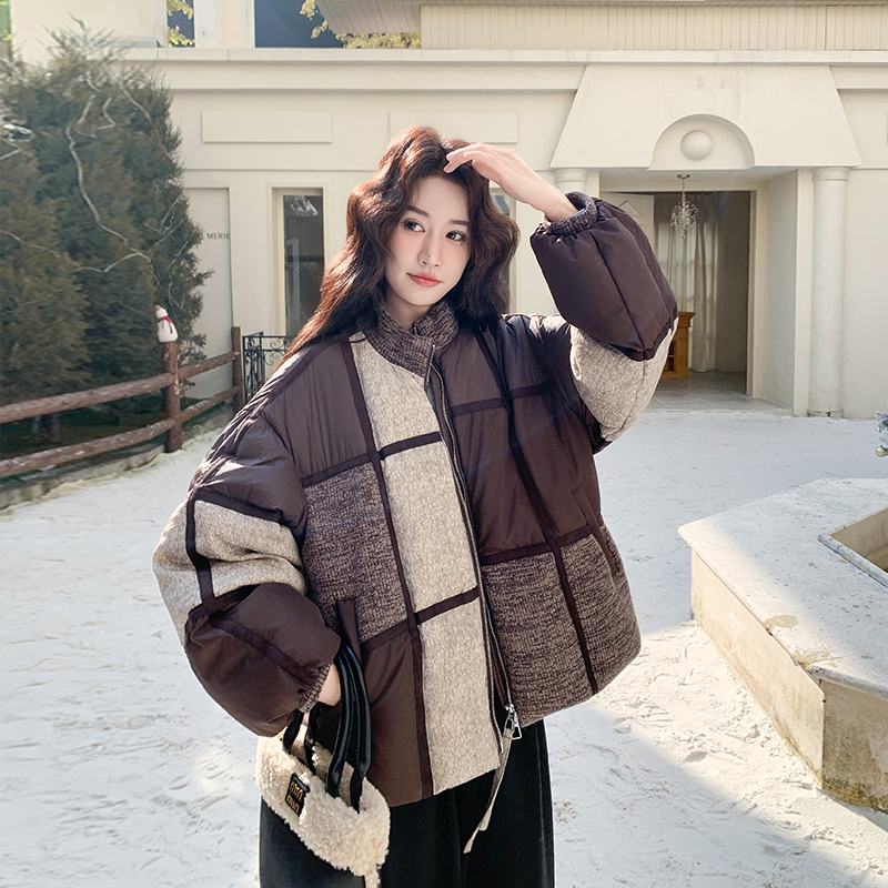 复古格子粗花呢拼接短款羽绒服女冬季2025年新款设计感白鸭绒外套