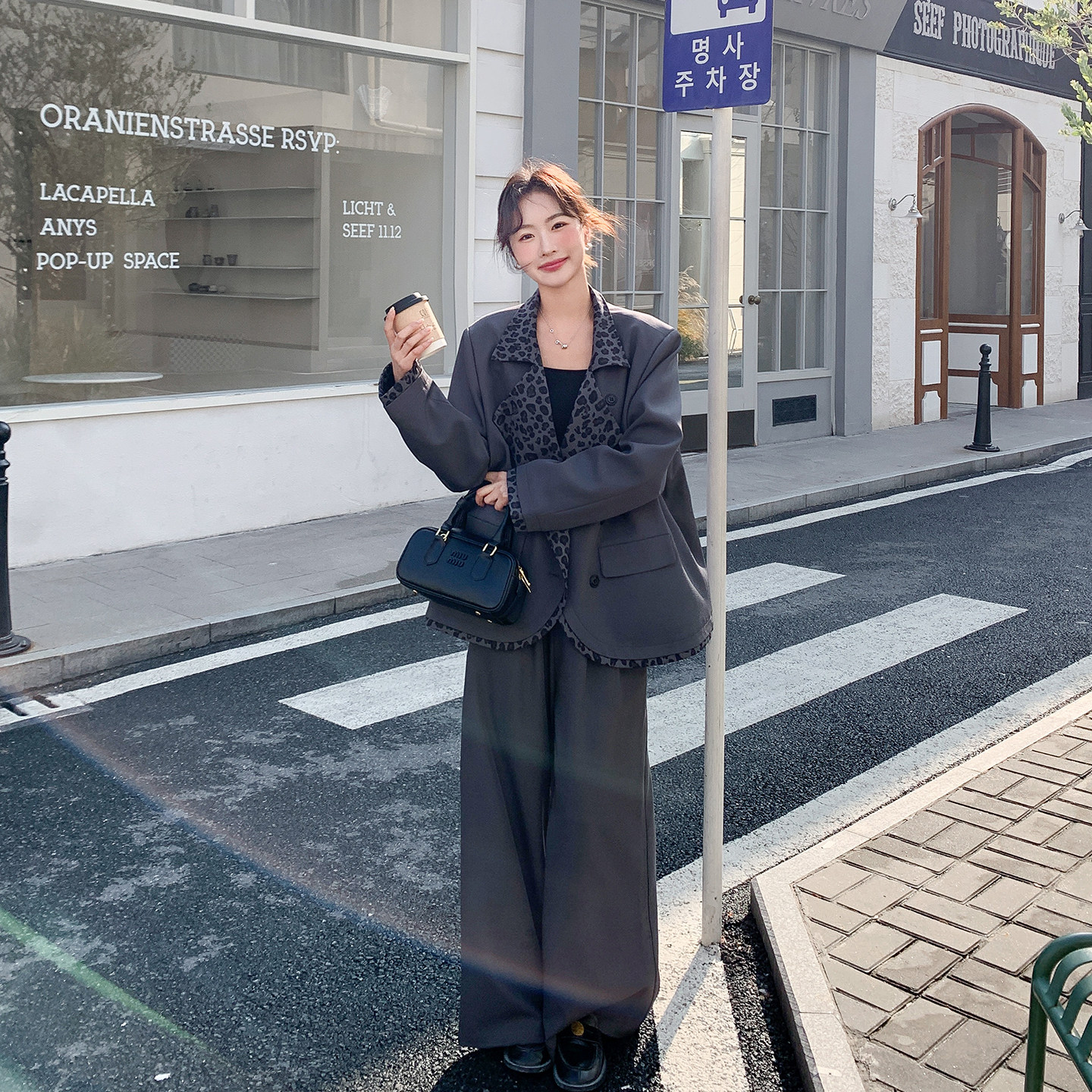 灰色豹纹拼接西装外套阔腿裤套装女春季2026新款松弛感ootd两件套,女装/女士精品,时尚套装,淘宝优惠券,粉丝福利购,淘宝优惠卷