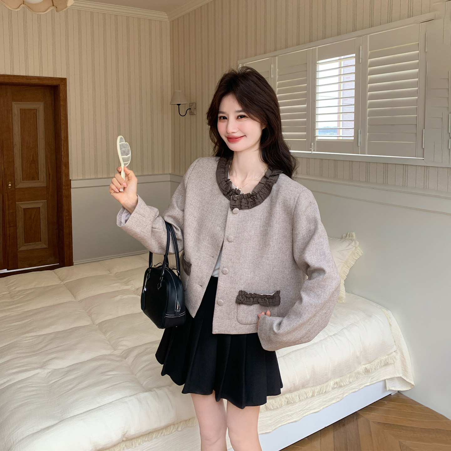 撞色拼接小香风甜美荷叶边外套女春季2026新款小个子咖色夹克上衣