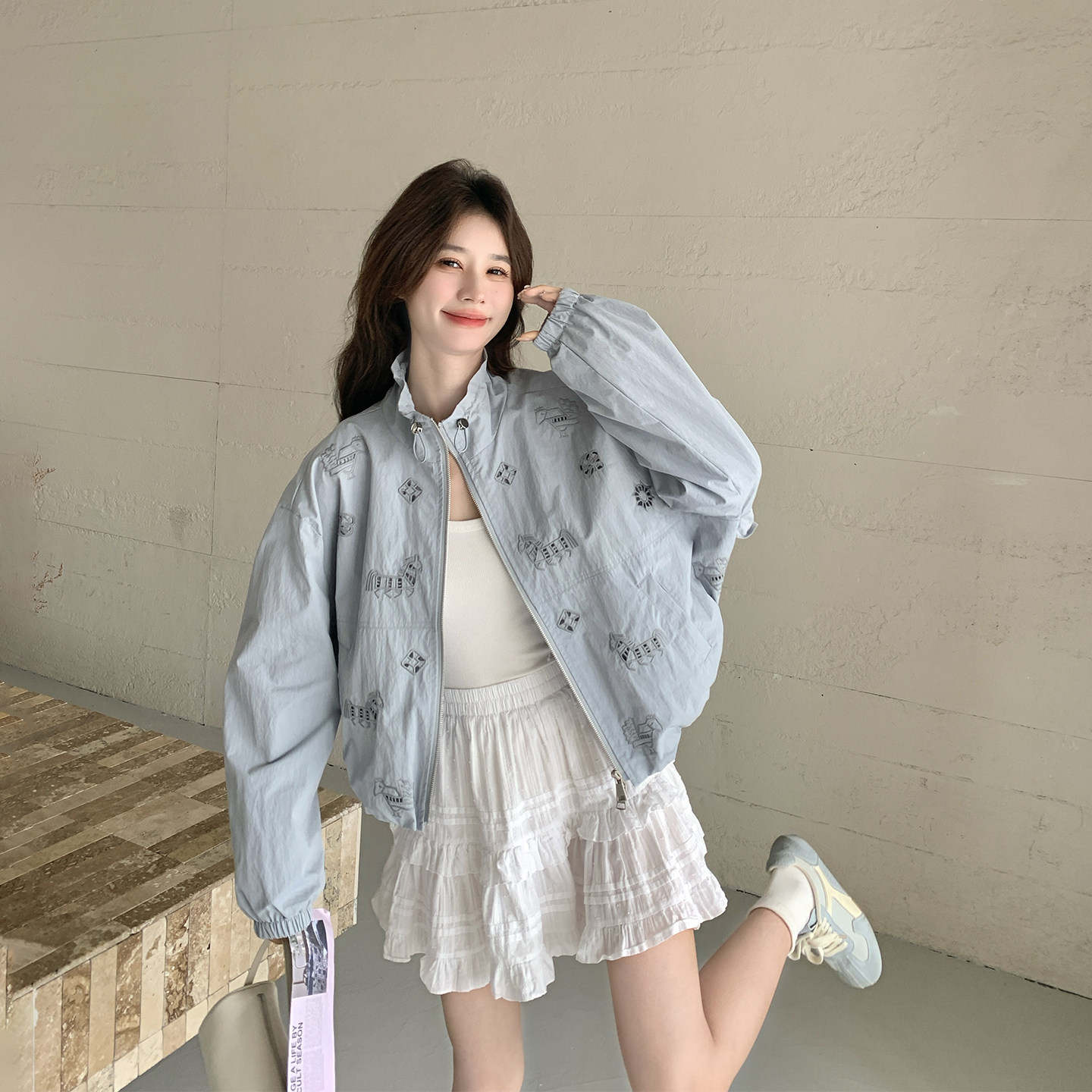 韩系超火蓝色减龄立领短外套女春季2026新款小个子洋气夹克超好看