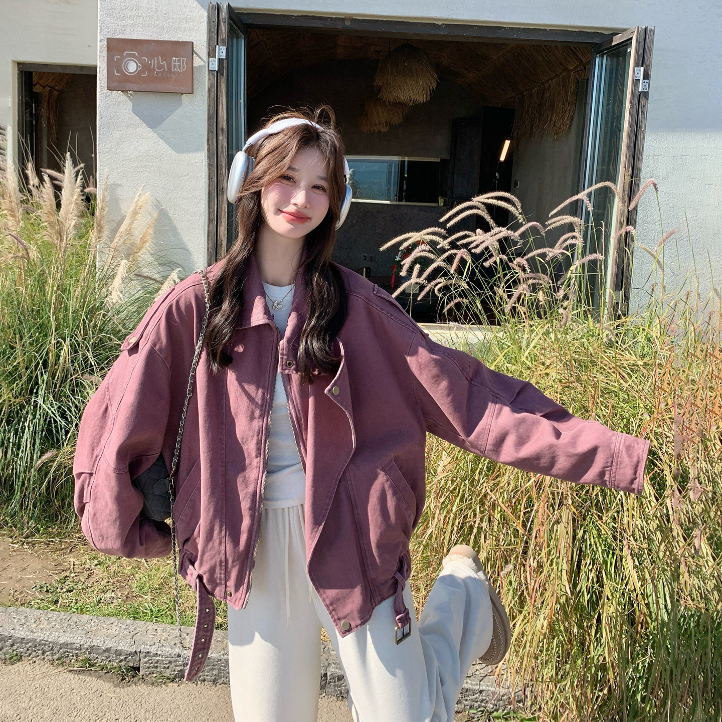休闲工装廓形粉紫色牛仔外套女春季2026新款松弛感小个子夹克上衣