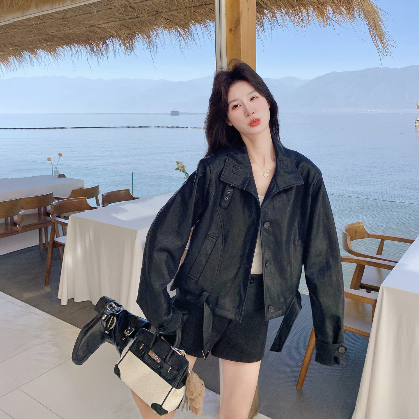 俏皮减龄黑色复古皮衣外套女春季2026新款短款小个子机车服PU夹克