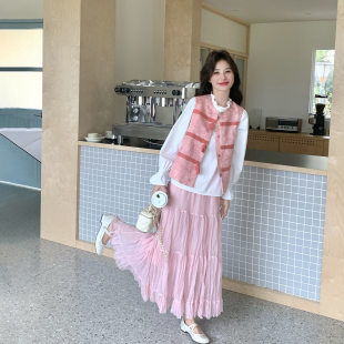 新中式国风粉色马甲压褶半身裙套装女春季2026新款漂亮衬衫三件套