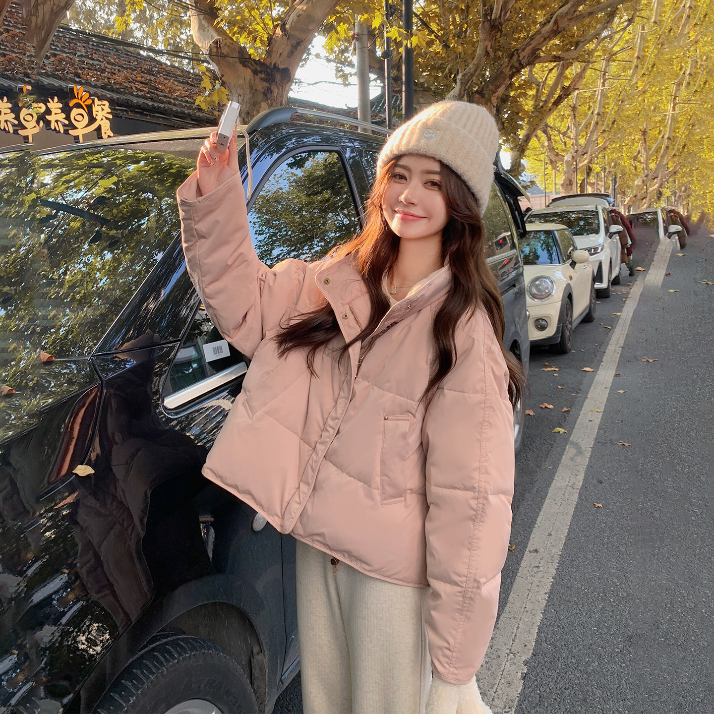 独特漂亮粉色气质立领羽绒服女冬季2025新款短款小个子白鸭绒外套