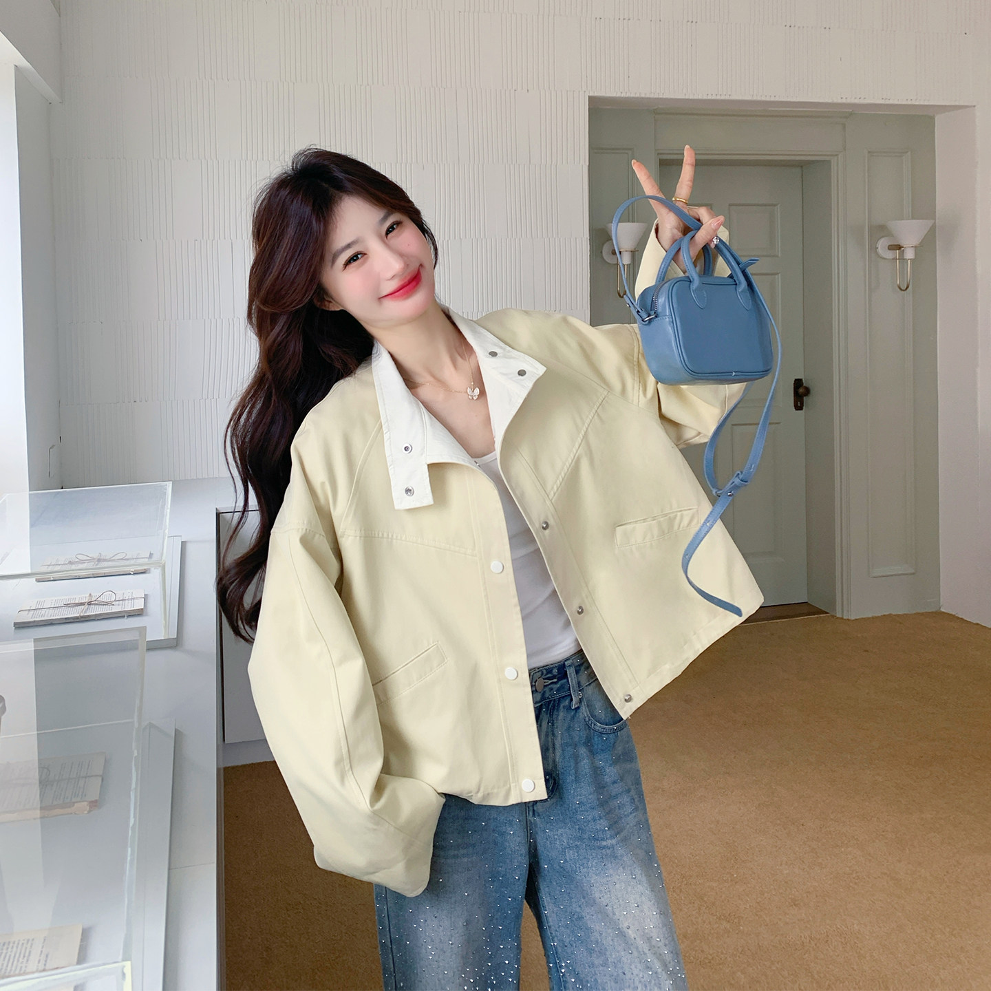 今年流行爆款浅黄色翻领外套女春季2026新款短款小个子高级感夹克