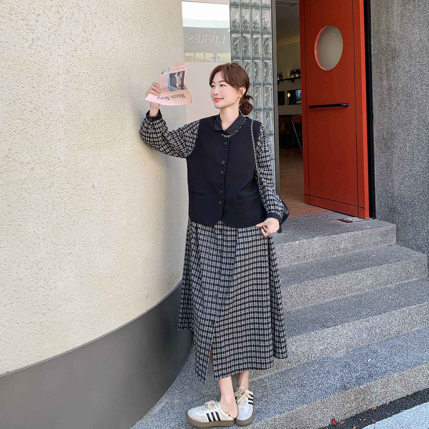 黑色马甲格子连衣裙套装女春季2026新款爆款高级感休闲学院风长裙