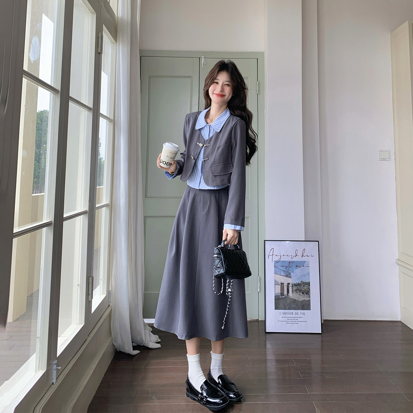 学院风假两件灰色西装百褶裙套装女春季2026新款通勤风穿搭两件套