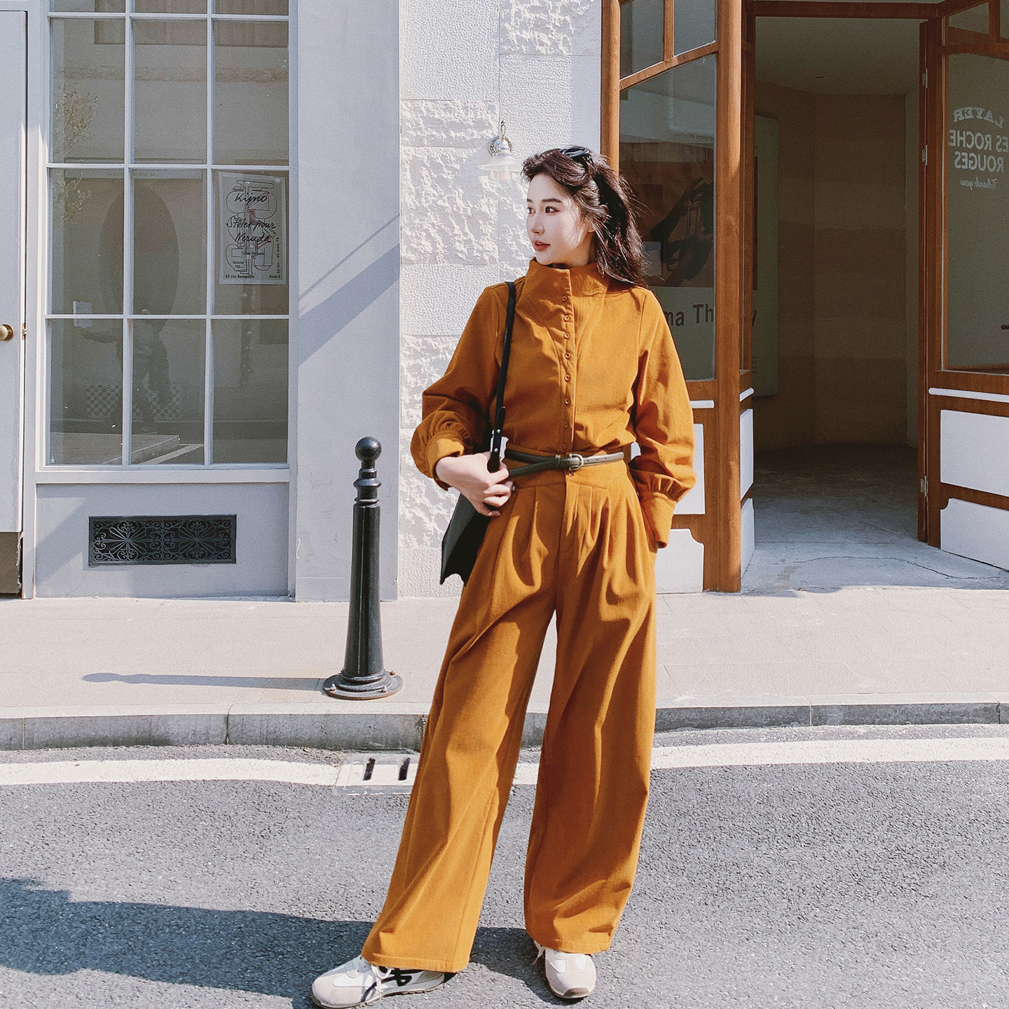 灯芯绒南瓜橘立领短衬衫阔腿裤套装女春季2026新款又酷又飒两件套