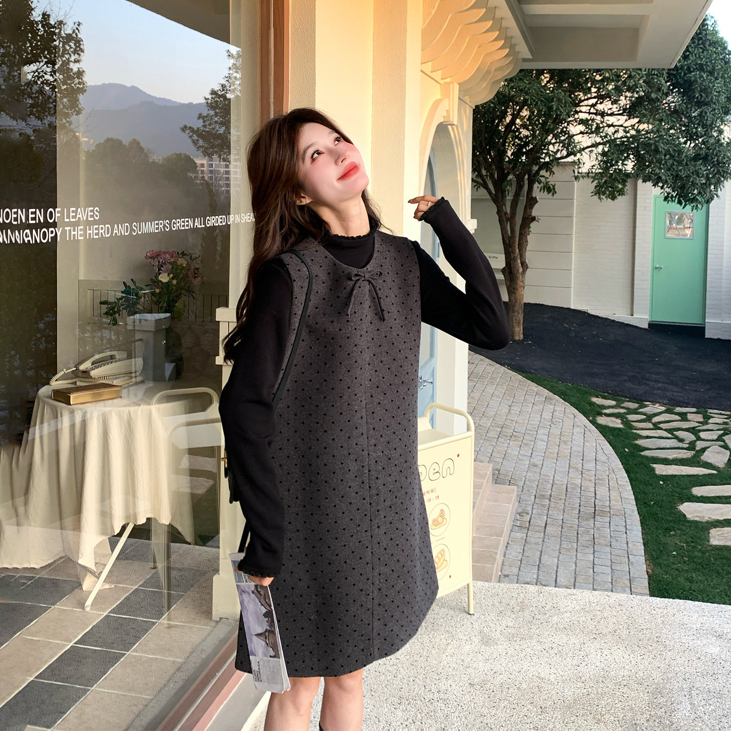 少女风灰色波点背心连衣裙套装女春季2026新款小个子打底衫两件套