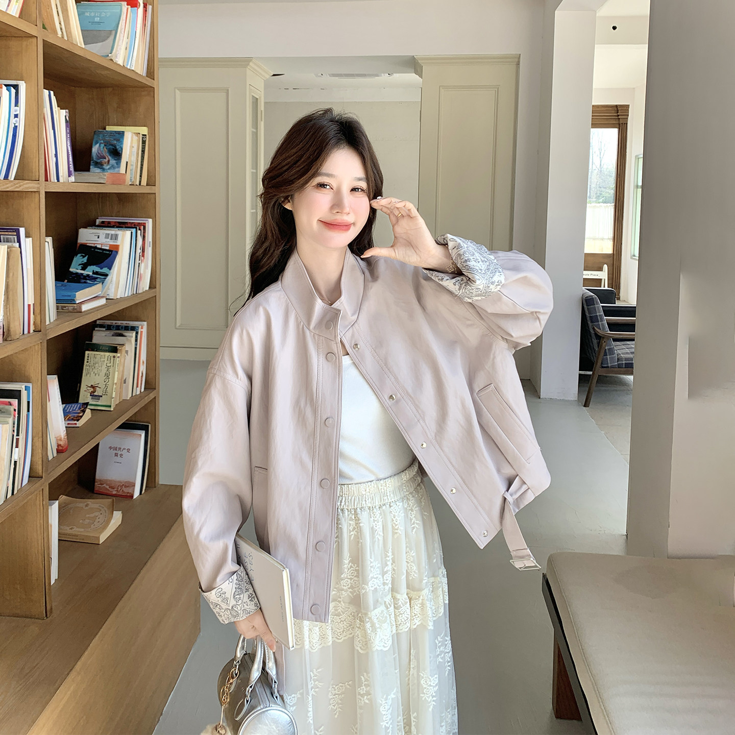 甜美漂亮粉紫色立领皮衣外套女春季2026新款小个子PU夹克百搭减龄